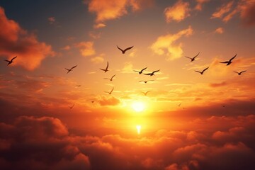 Fototapeta premium Photo of sunset in the sky sunlight flying bird.