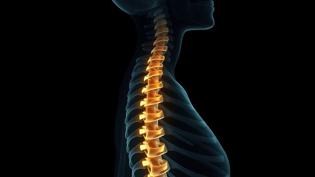culpability. X-ray silhouette of a human spine with a subtle golden coil ascending within the vertebrae. STEM education sheets, lab safety posters, designed for biotech research communications.