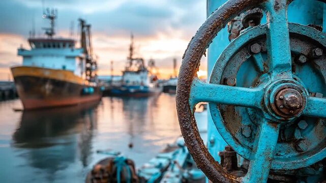 A close-up of a rusted wheel by the harbor at sunset.