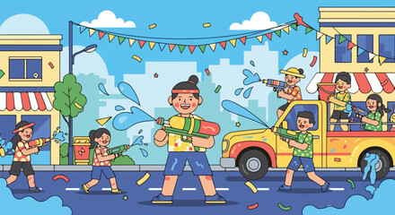 Naklejka premium Illustration of people enjoying a water festival with water guns and a truck