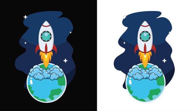 Cool animated vector image of a space rocket with clouds and planet earth