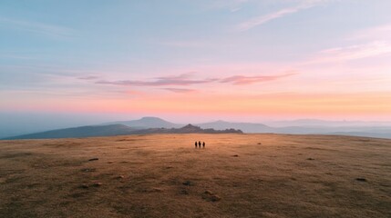 Vast landscape at dawn, soft hues painting sky, inviting calmnes