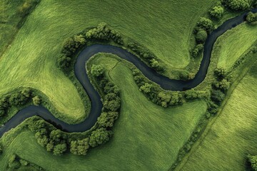 Fototapeta premium Winding river flows through vibrant green hills, showcasing natu