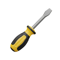 Yellow and black screwdriver with flat head on black background handle