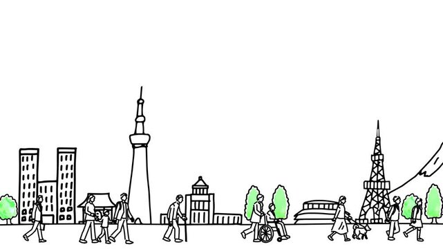 横浜の観光地と人々の手描きループアニメーション