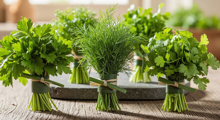 Fototapeta premium Assorted fresh green herbs tied in bunches on wooden surface 