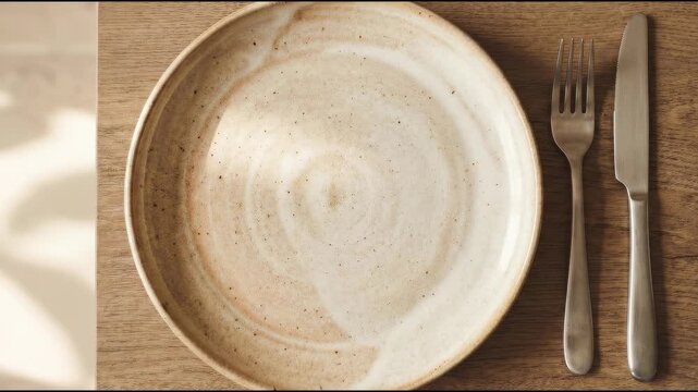A rustic ceramic plate is set elegantly with a fork and knife, against a warm wooden surface, embodying the essence of minimalism. 