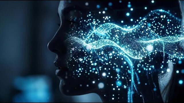 A profile of a woman with vibrant neon lights, symbolizing the mind and cognitive processes, evokes curiosity and invites viewers to contemplate the beauty of the inner self.