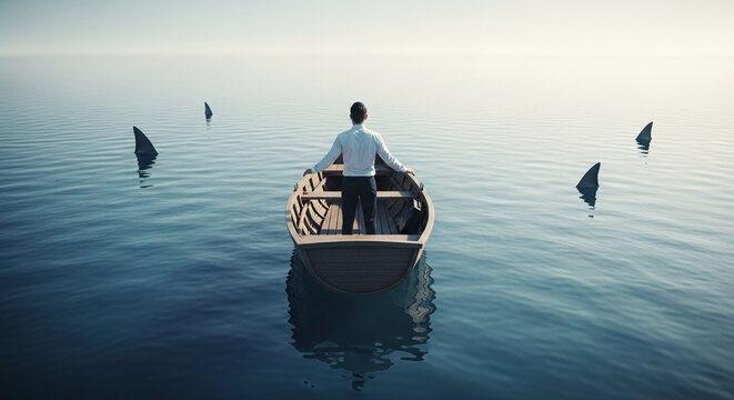 Man in boat on calm sea, shark fins visible, representing business risk, challenge, uncertainty, and the need for navigation and strategy
