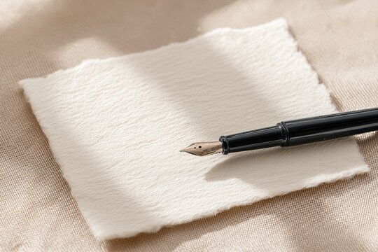 Black fountain pen on textured off-white paper, clear shadows, and negative space for designer flexibility, funeral concept