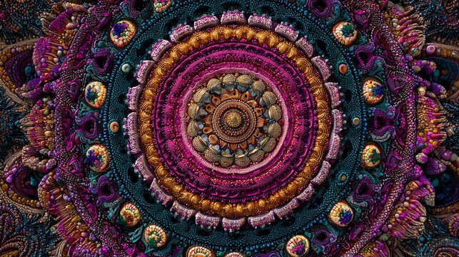Intricate textured mandala design with purple and gold elements