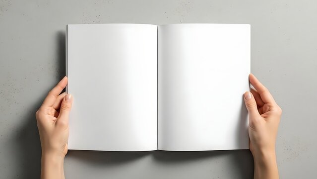 Open blank book held by two hands presenting empty white pages for design