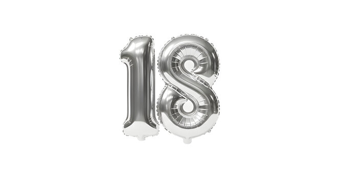 Silver metallic foil balloon number 18, isolated PNG with Transparent Background