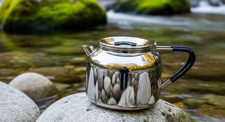 Metal teapot on a gray stone, with stream background, reflecting trees. It represents outdoor recreation, beverage preparation, and natural environment