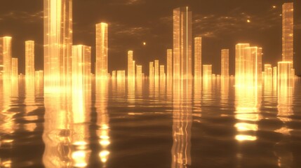 Fototapeta premium Golden, glowing, futuristic cityscape reflected in water
