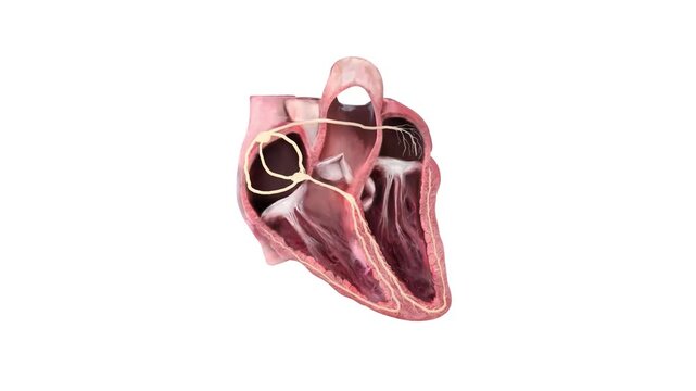 Human Heart Conduction System 3D Medical Illustration Showing Cardiac Electrical Pathways, Nodes and Ventricular Anatomy