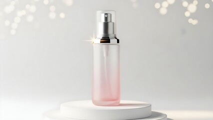 Naklejka premium Elegant frosted pink cosmetic serum bottle with silver spray dispenser presentation