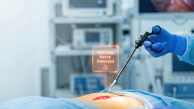 Surgery technology ai diagnostics ar overlay warning nerve detected above patient abdomen reducing medical risk