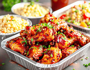Barbecue chicken wings in a foil tray, with other American food, potluck style. AI