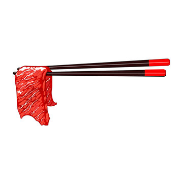 Chopsticks picking up the meat of shabu and chilli soybeans sauce, thin sliced beef on white background. Meat for shabu, thinly slice raw beef, shabu-shabu pork. Ready to cook beef raw, shabu-shabu fr