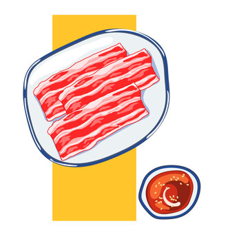 bacon of shabu and chilli soybeans sauce, thin sliced bacon on the ceramic plate. Meat for shabu, thinly slice raw bacon, shabu-shabu pork. Ready to cook bacon raw, shabu-shabu fresh sliced pork. Food