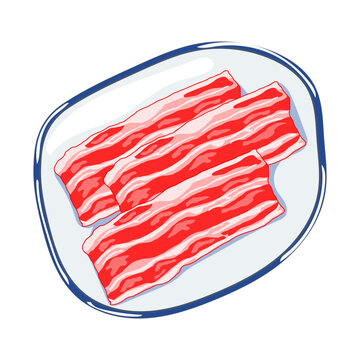 bacon of shabu, thin sliced bacon on the ceramic plate. Meat for shabu, thinly slice raw bacon, shabu-shabu pork. Ready to cook bacon raw, shabu-shabu fresh sliced pork. Food vector hand drawing illus