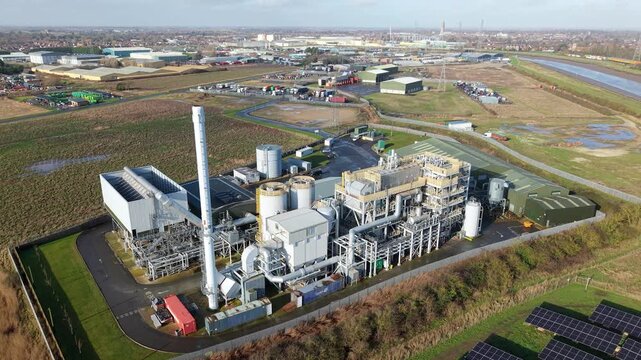 Aerial drone view of Boston biomass power plant in Lincolnshire UK generating renewable energy from waste wood through advanced gasification.