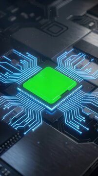 Detailed Dark Circuit Board with Green Central Processor Unit and Blue Tracing Lines under Soft Lighting with High Resolution and Intricate Details
