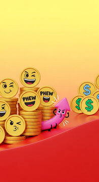 Cartoon coins with emoticon, dollar sign and "PHEW" stacked on red surface, upward facing arrow with angry face, representing financial growth