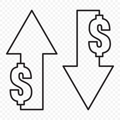 Financial growth and decline illustrated through liner and arrow symbols. Set of various business graph and chart Vector icons on transparent background. EPS 10.