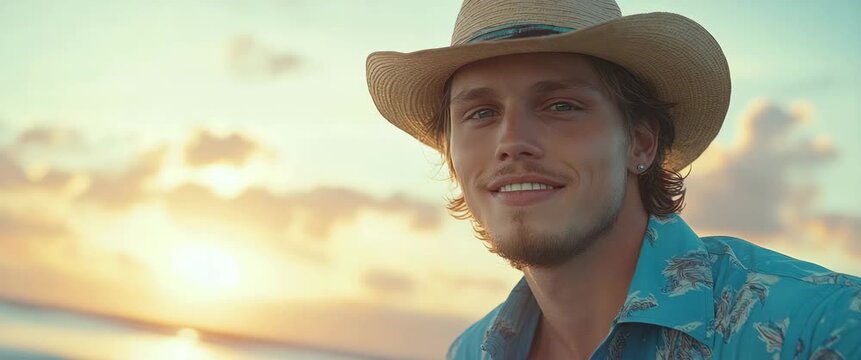 Young man in a straw hat and patterned shirt smiles at the viewer with a golden sunset over the ocean background capturing the spirit of adventure and outdoor lifestyle