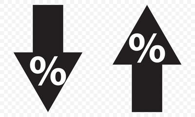 percent arrow up down icon set. Percent increase and decrease icons. Data Analysis sign. Percentage arrow symbol. Rate Fluctuations Symbols in black color On Transparent Background. EPS 10.