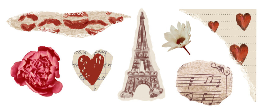 Vintage torn paper with heart and lipstick print. Paper for Valentine's Day collage with realistic flowers
