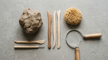 Artisan Clay Tools and Materials. Concept featuring pottery, clay, tools, ceramics, sculpting.