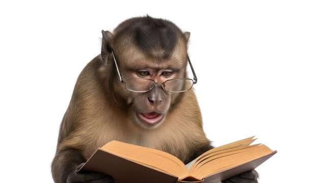Brown capuchin monkey wearing reading glasses and holding an open book, looking surprised or confused isolated PNG with Transparent Background