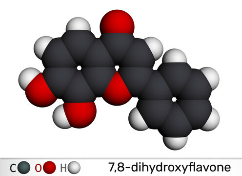 7,8-Dihydroxyflavone, tropoflavin molecule. Natural flavonoid and potent TrkB agonist. Molecular model. 3D rendering. Illustration