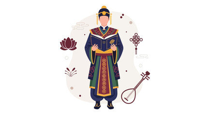 Ancient Scholar Holds Book With Traditional Symbols And Music Instrument