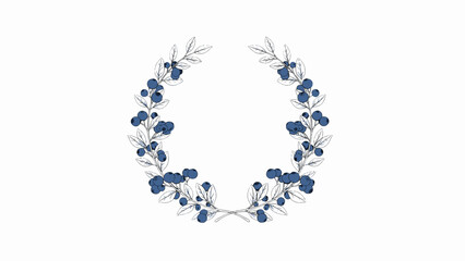 Wreath made of blueberry branches with dark blue berries and detailed leaves arranged in a circular shape on a white background for labels.