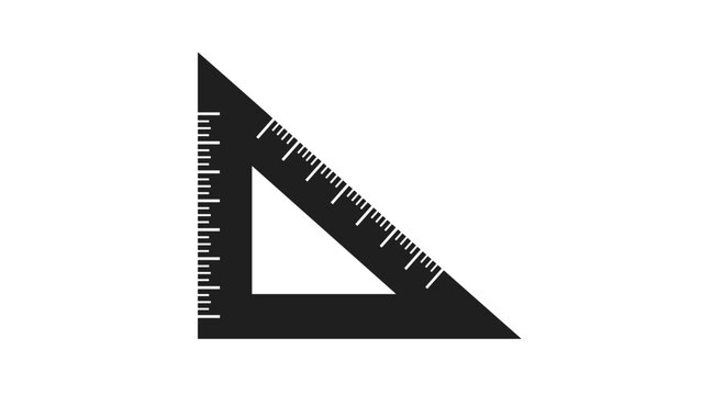 Black silhouette of a triangle ruler with measuring marks isolated on a plain white background for school, office, or engineering themes.