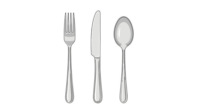 Set of polished silver cutlery including a fork, knife, and spoon arranged vertically side by side on a plain white background for dining.