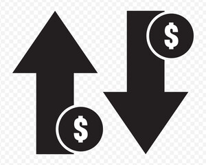 Money increase or decrease black icon set. dollar decrease increase symbol. Price, sale, rate or profit going up or down symbol with arrow and dollar sign on transparent background. EPS 10.
