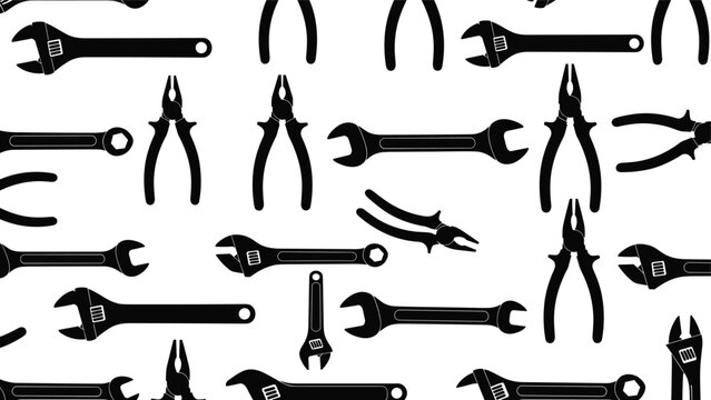 Industrial seamless pattern featuring black silhouettes of various wrenches and pliers tools on a white background for repair services.