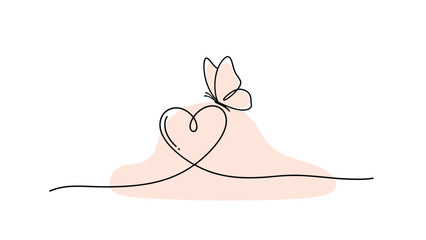 Obraz premium Minimalist continuous line drawing of a heart shape with a small butterfly perched on top against a soft pink background.