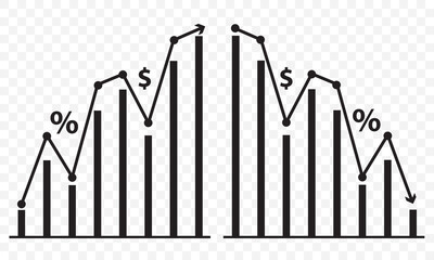 Percent arrow icon. Growth, increase, decrease arrow icons. Low price. Profit and loss trading of trader. Percentage with arrow up and down. Black up and down arrow. Vector illustration. EPS 10.