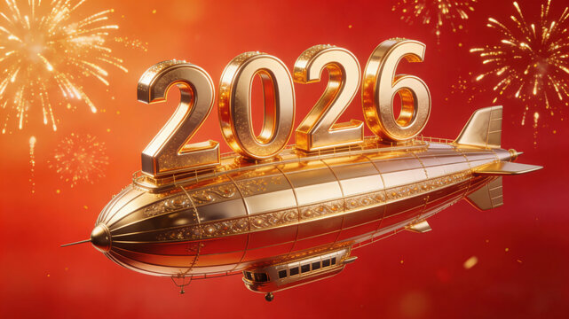 Illustration of '2026' in Gold 3D Typography with a Retro-Futuristic Airship, Set Against a Warm Gradient Background and Accentuated by Fireworks