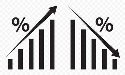 Graph going Up and Down sign with Black arrows vector. Flat design vector illustration concept of sales bar chart symbol icon with arrow moving down and sales bar chart with arrow moving up. EPS 10.