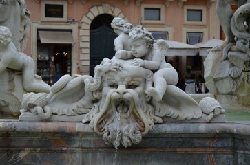 Naklejka premium Rome, Italy 09.02.2019: Piazza Navona and Neptune fountain in the morning,Rome,Italy