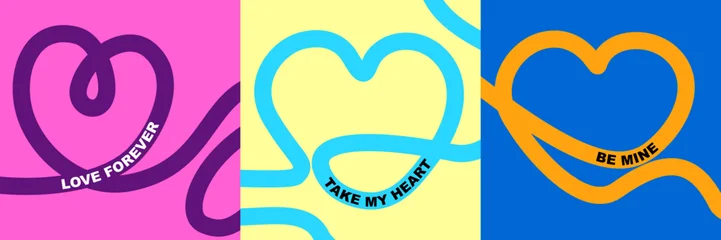 Fotobehang Positive Typography Abstract curl lines poster for Valentines day, colorful dynamic wavy curves line in heart forms, modern posters design, vibrant doodle shapes decoration  © dlyastokiv