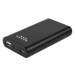 Black portable power bank with USB and USB-C ports, showing charge indicator lights. Essential gadget for mobile charging.
