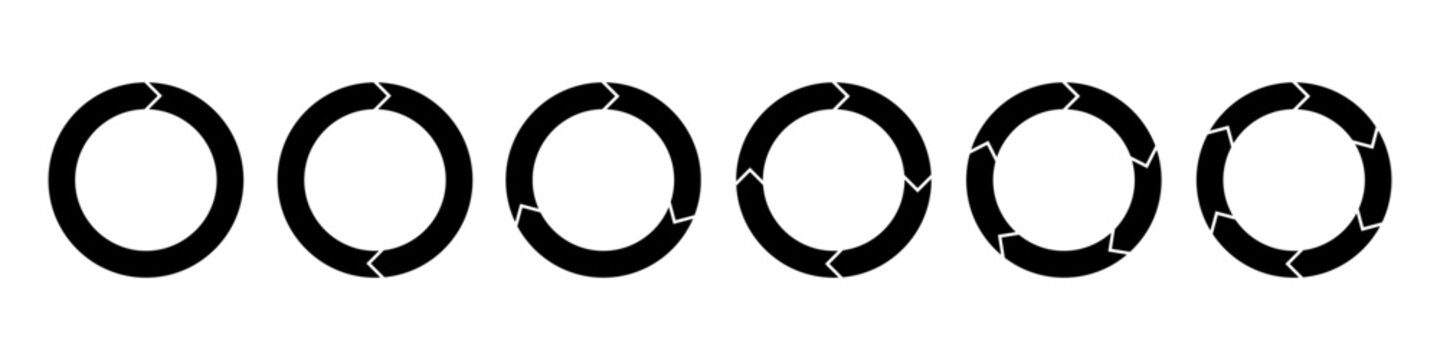Pie chart set, rotation round cycle process, segmented circle icons, circle diagram with sections or parts